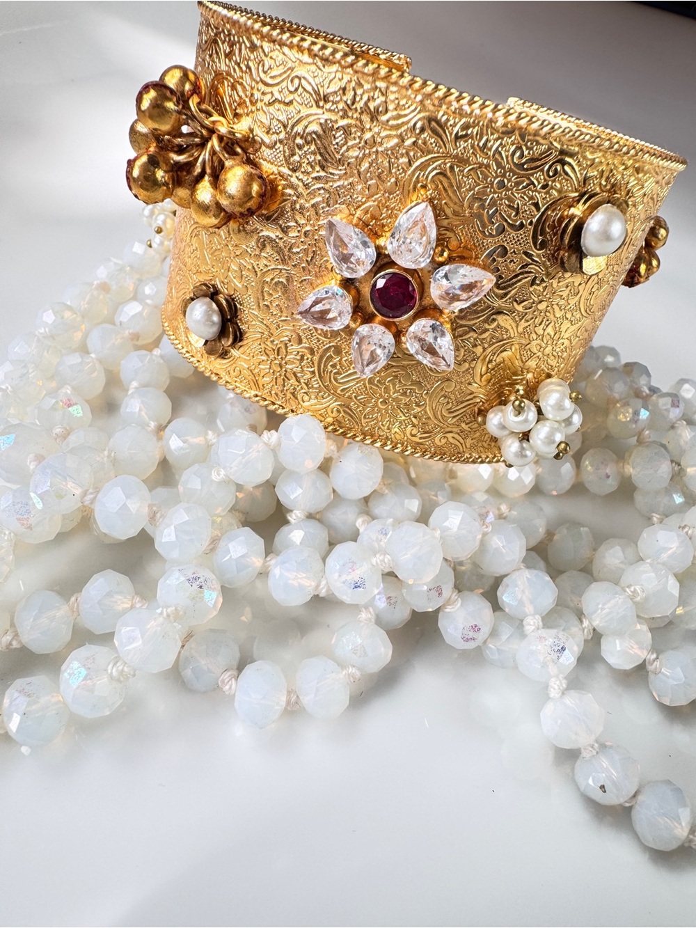 14 K Gold Floral Gemstone Cuff Bracelet with Pearls - Women Jewelry